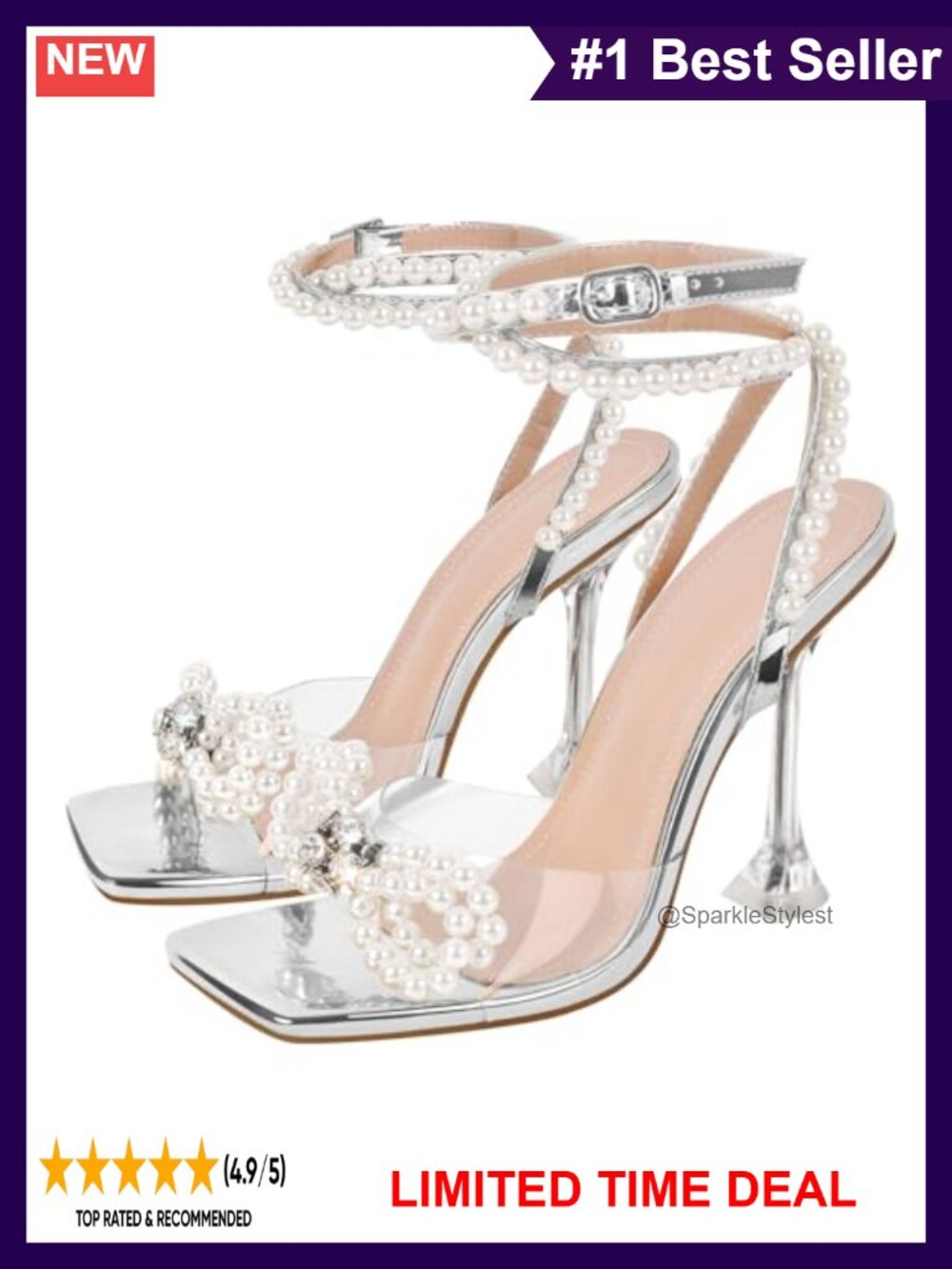 Women's Clear Heeled Sandals Rhinestone Bow Ankle Strap Square Toe